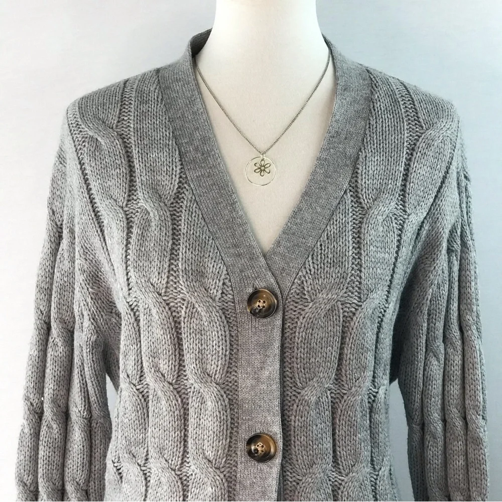 Women's Grey V-Neck Pocket Cable Knit Long Cardigan Button Down Sweater Size XXL